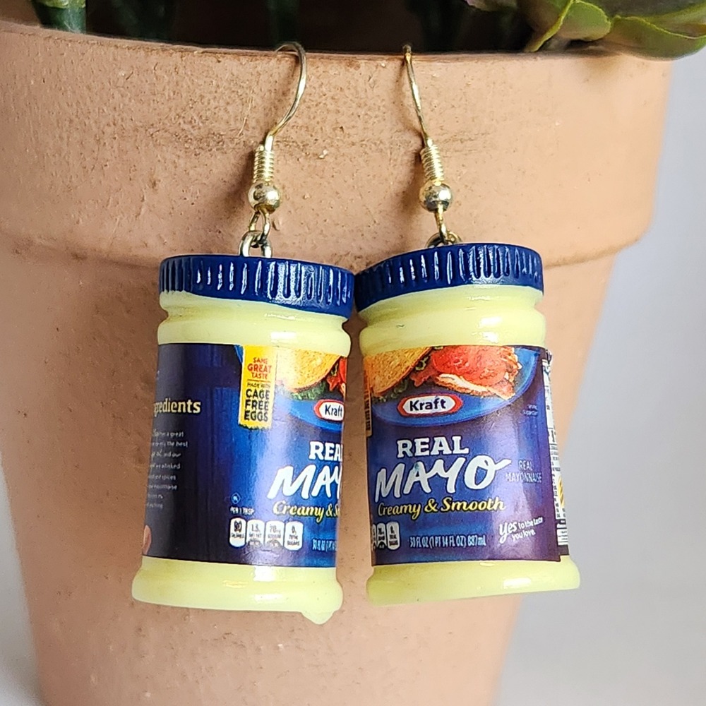 Mayo Jar Miniature Novelty Dangle Earrings Yellow‎ Blue Foodie Edible 1.75"